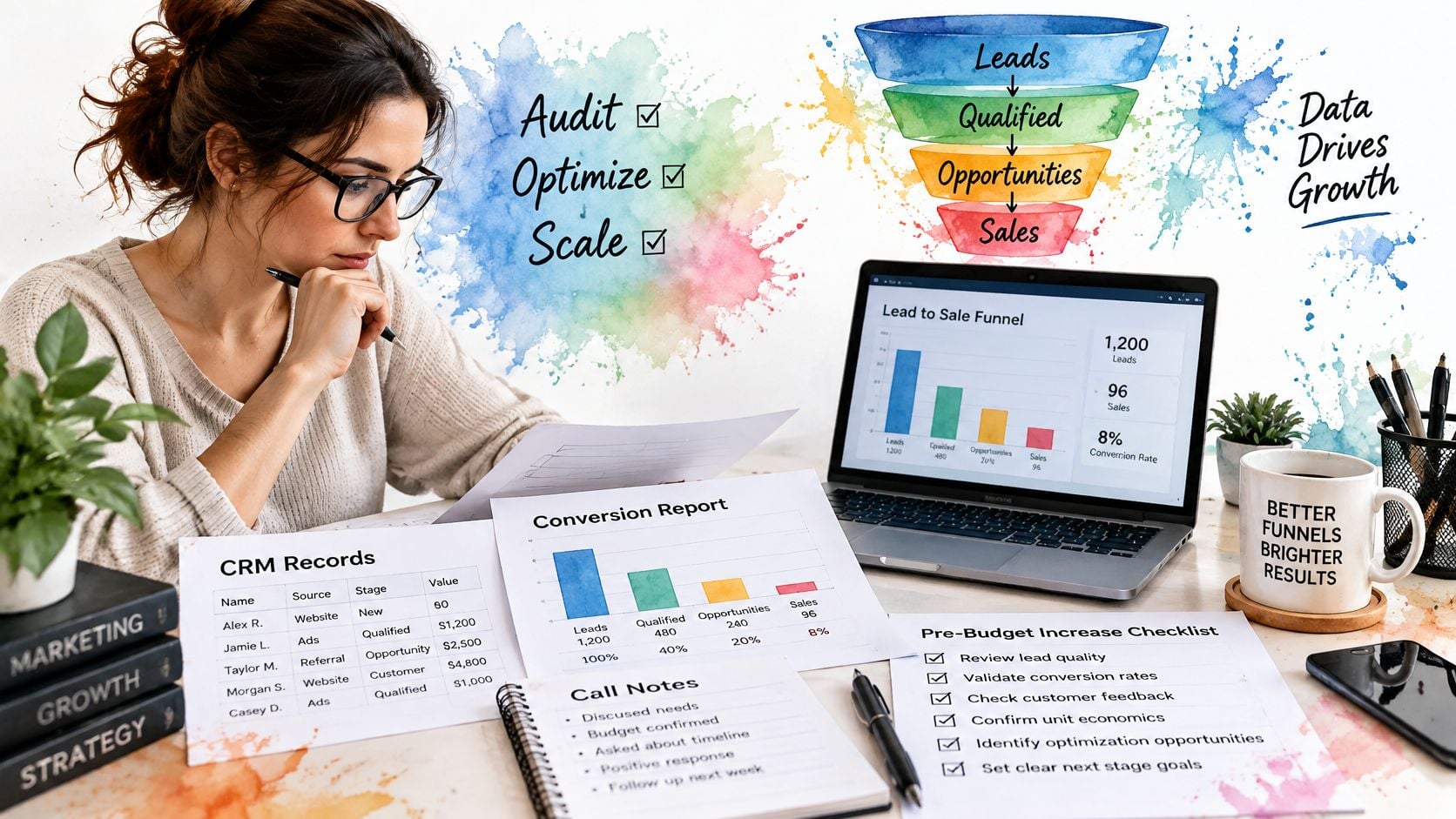 A professional analyzing sales funnel data, CRM records, and a conversion report at a clean workspace.