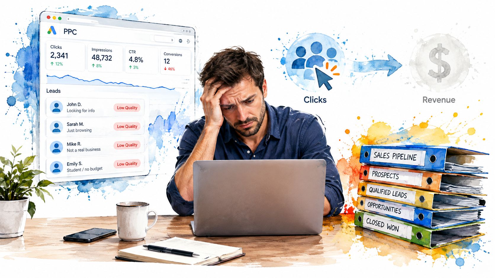 A frustrated marketer looking at low quality PPC leads and a stagnant sales pipeline on a laptop.