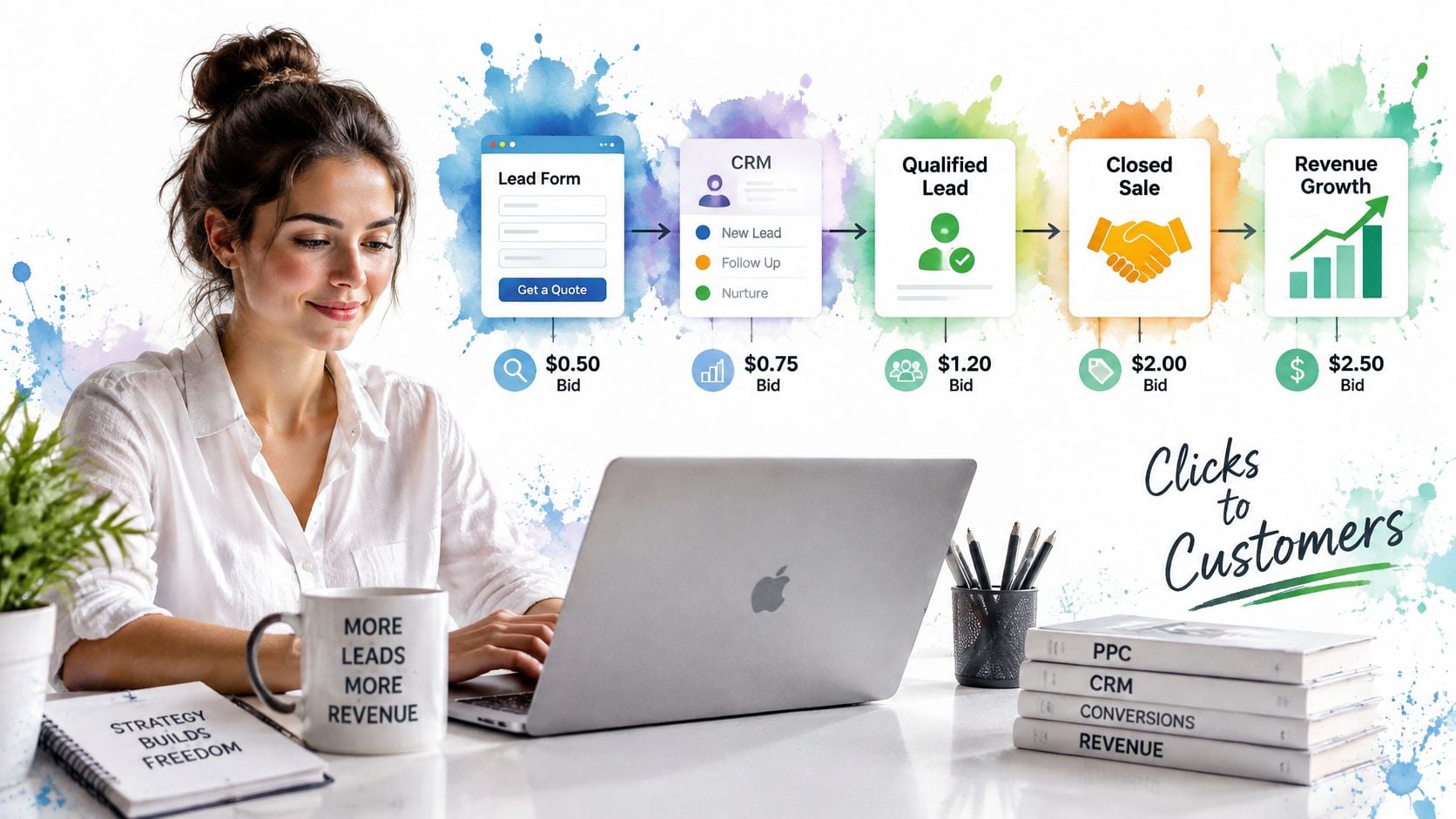 A woman working on her laptop with a visual flowchart demonstrating the PPC lead generation sales funnel process.