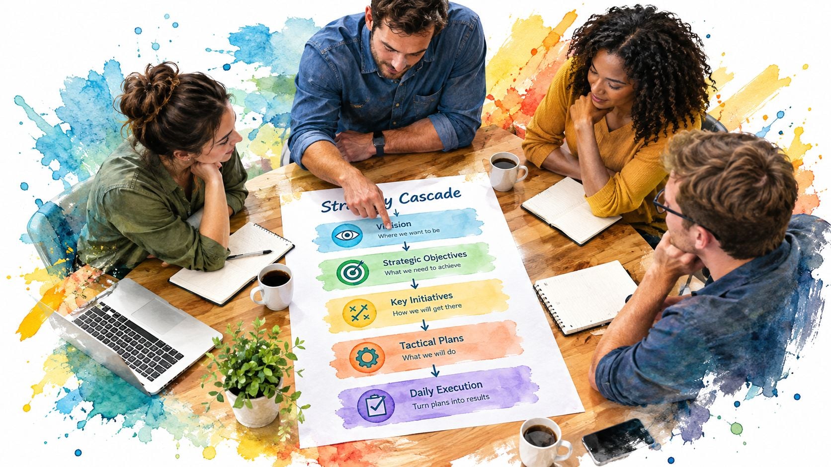 A team of four professionals collaborates around a table using a Strategy Cascade chart for business planning.