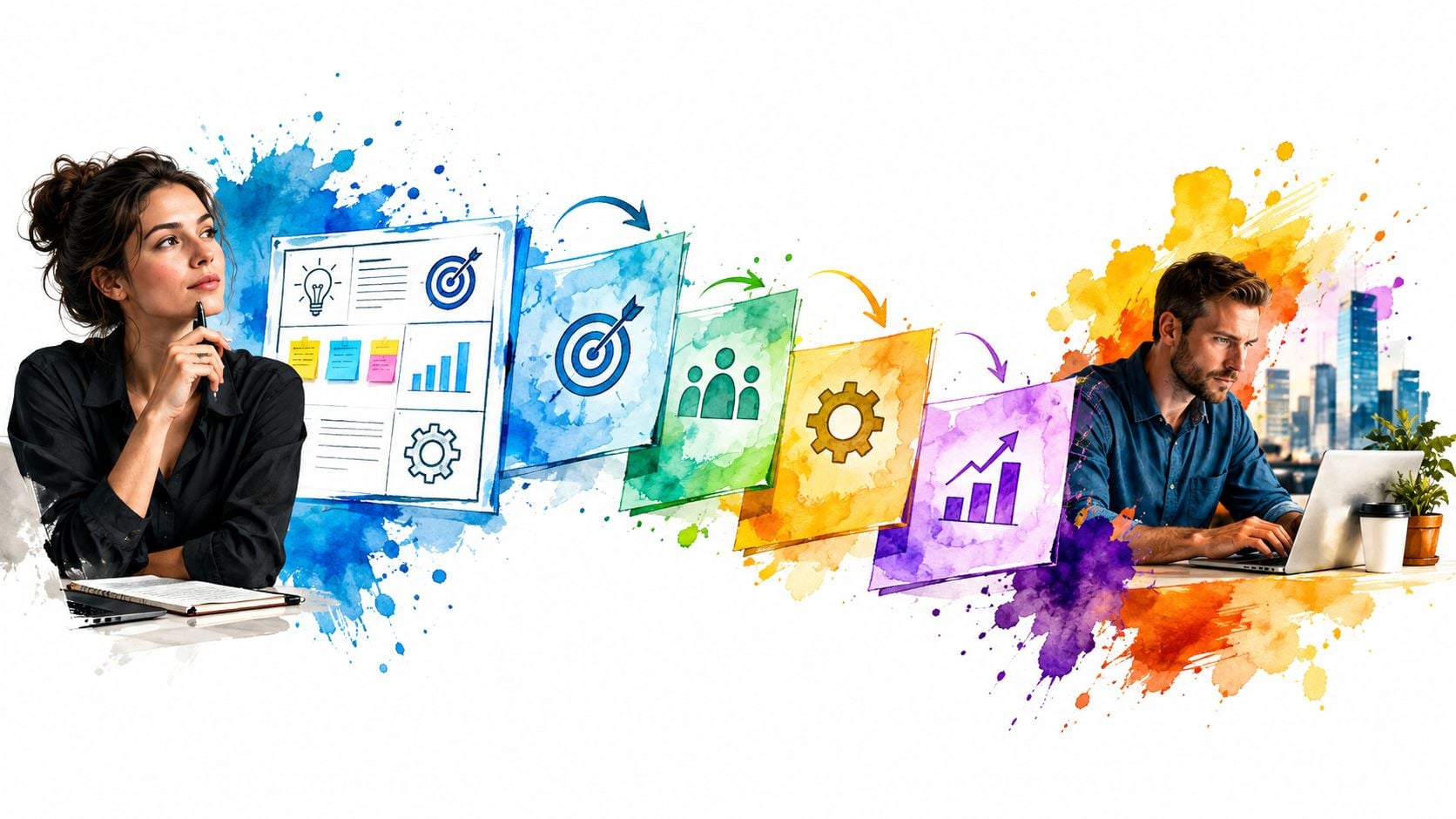 A professional woman and man collaborating on strategic planning with creative business icons and colorful watercolor effects.