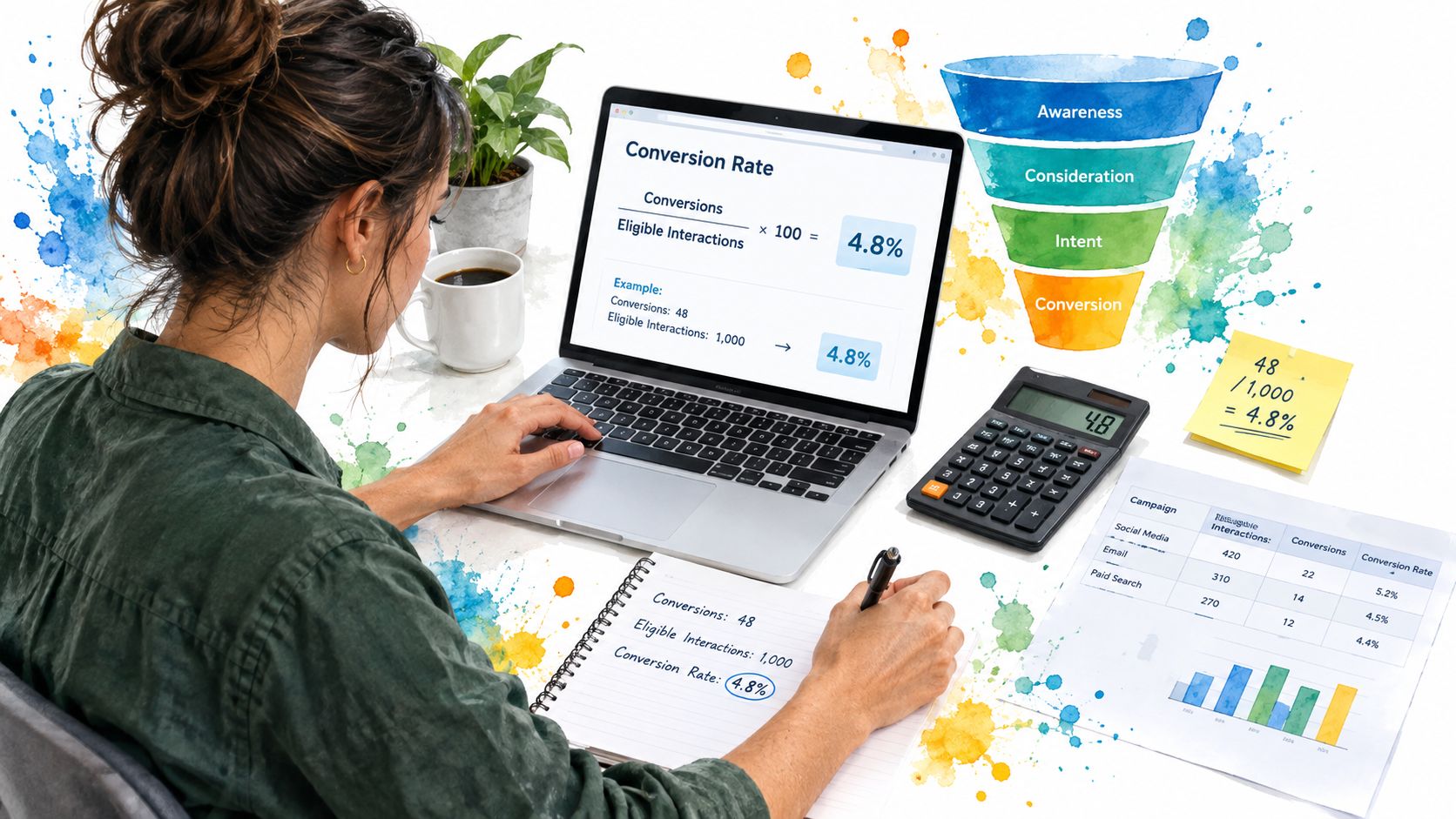 A person calculating marketing conversion rates on a laptop with a funnel chart and data reports.