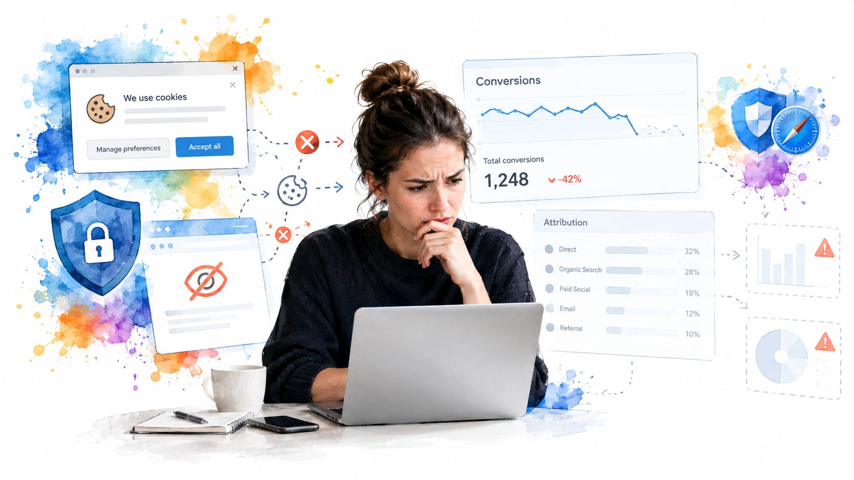 A concerned woman using a laptop surrounded by digital marketing charts showing decreased conversion rates and privacy warnings.