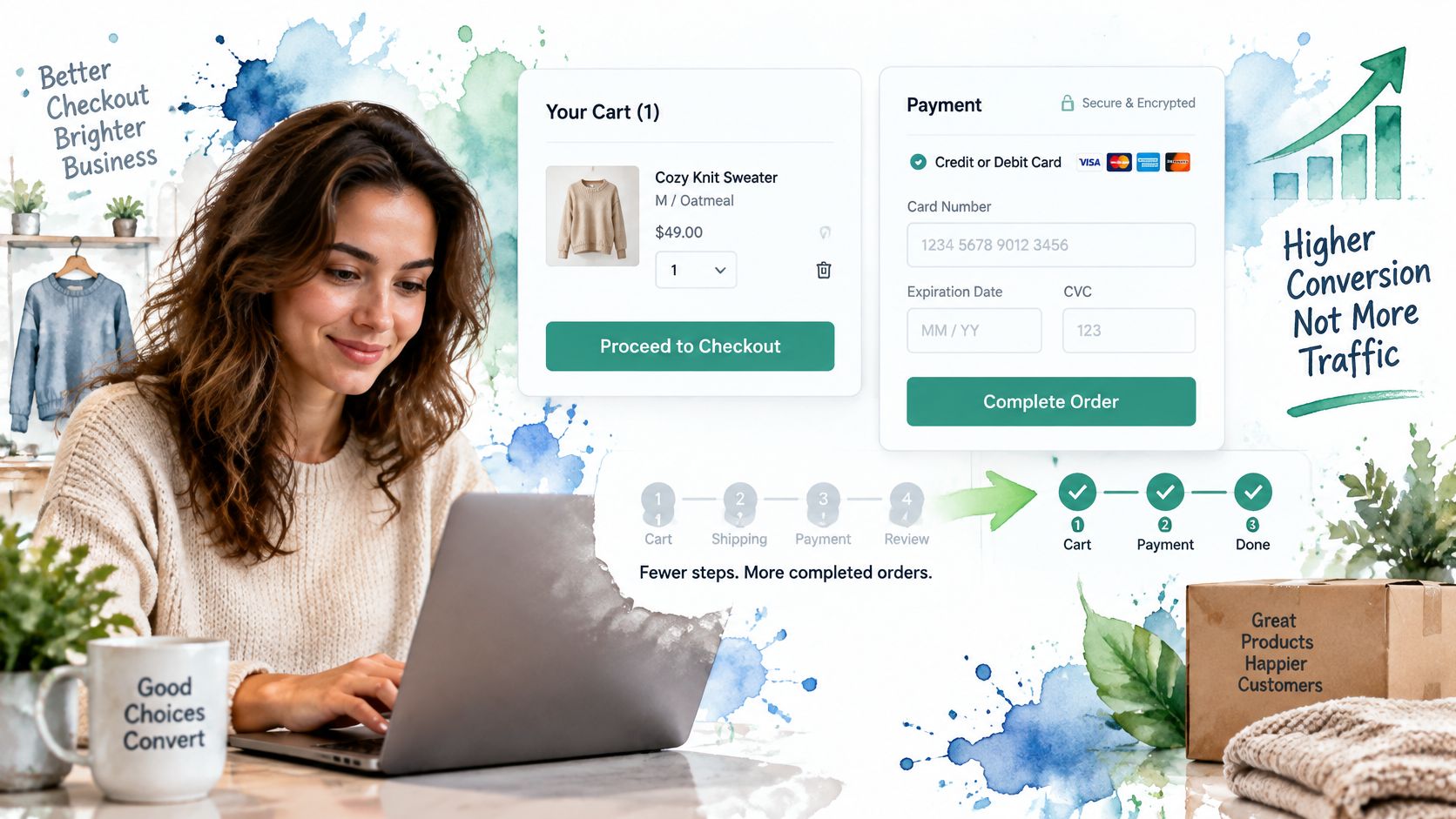 A woman using a laptop to view a streamlined online shopping checkout process for better conversion rates.