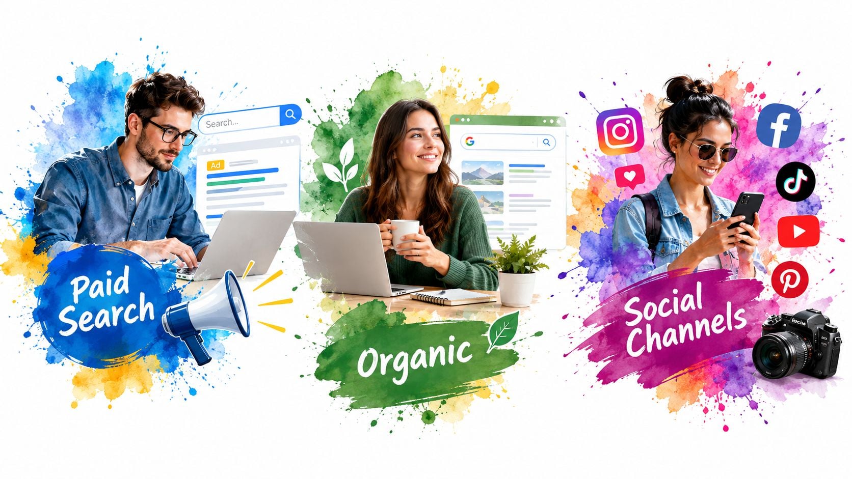 A digital marketing illustration featuring three people focused on paid search, organic search, and social media channels.